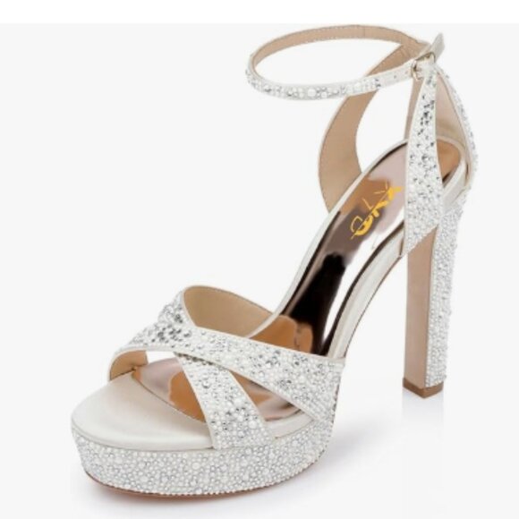 XYD Ivory Crossed Straps Open Toe Rhinestone Bejeweled Platform Sandal - Picture 1 of 8